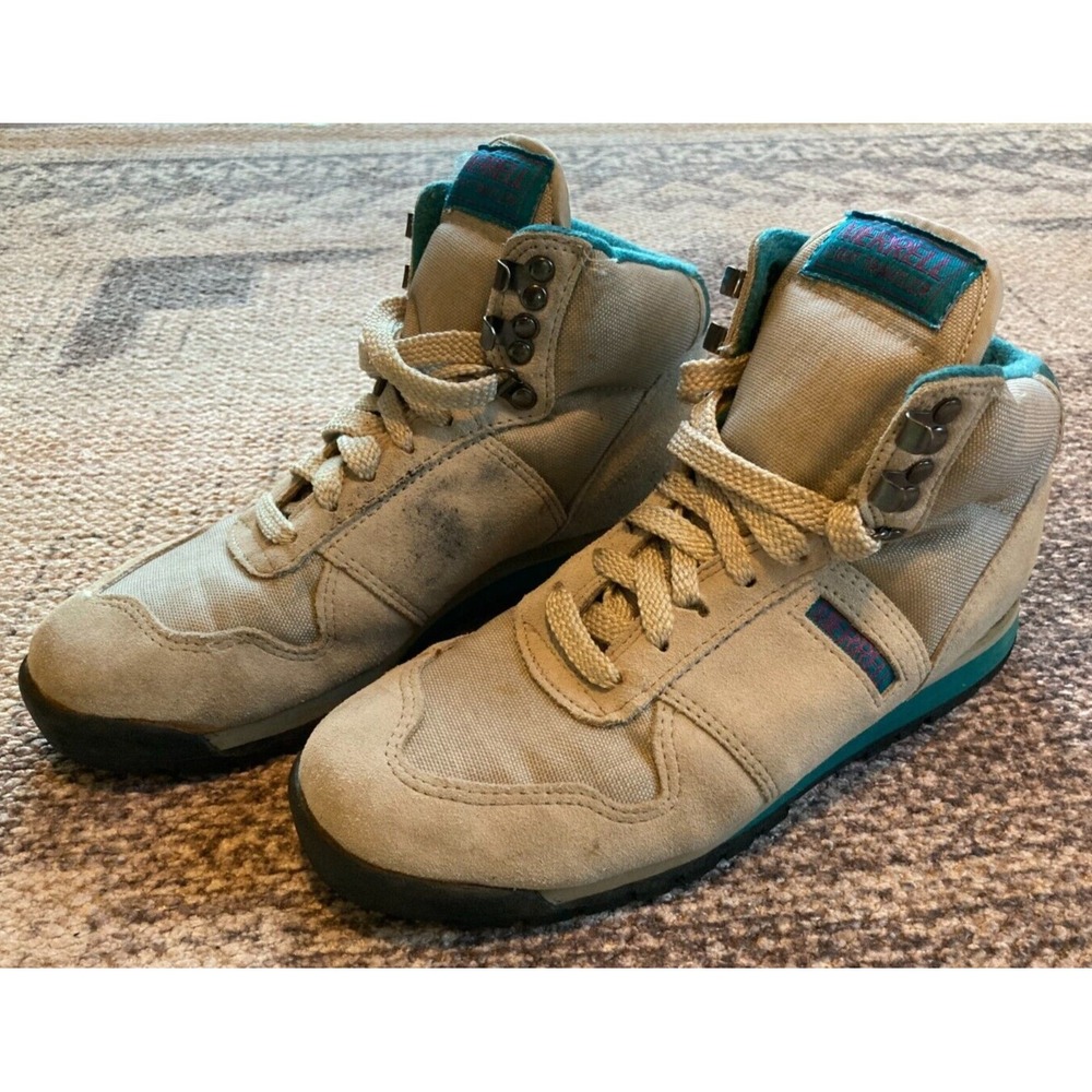 Vintage Merrell Women's Light Traveler Green Gray Leather Hiking Boots Size 6.5